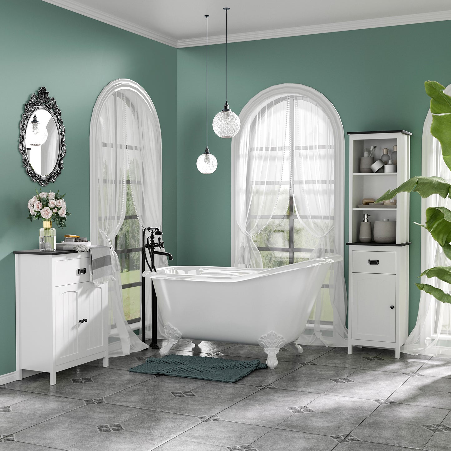 Kleankin White Bathroom Furniture Set Floor Cabinet With Drawers And Double Doors Tall Cabinet Adjustable Shelves