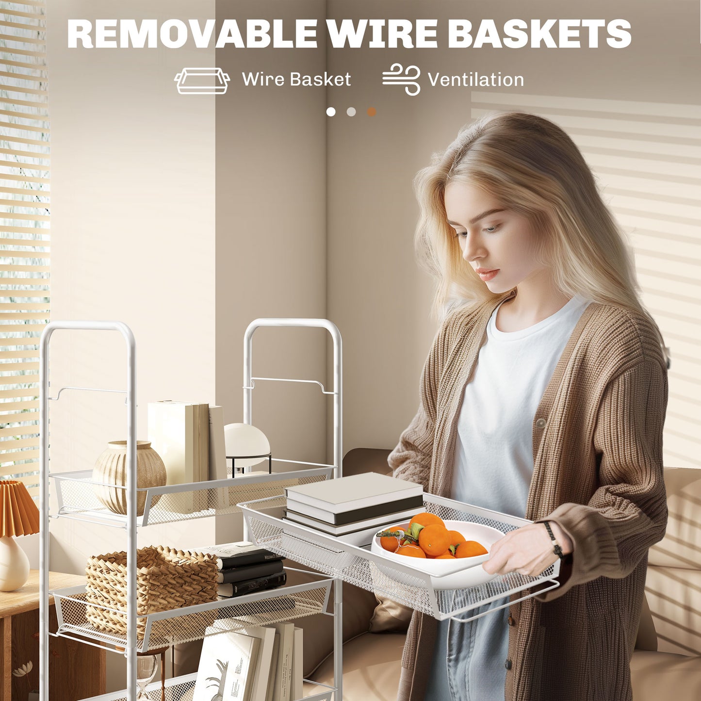 HOMCOM Five Tier Steel Mesh Basket Storage Trolley With Wheels White For Kitchen Home Office Garage And More