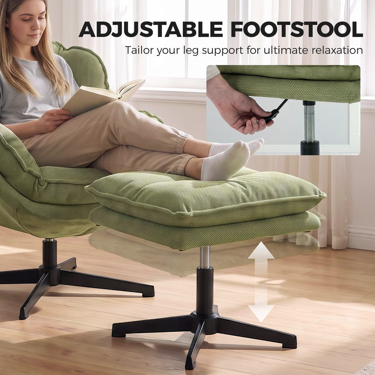Green swivel lounge chair with padded footstool supporting legs, thick cushioned design