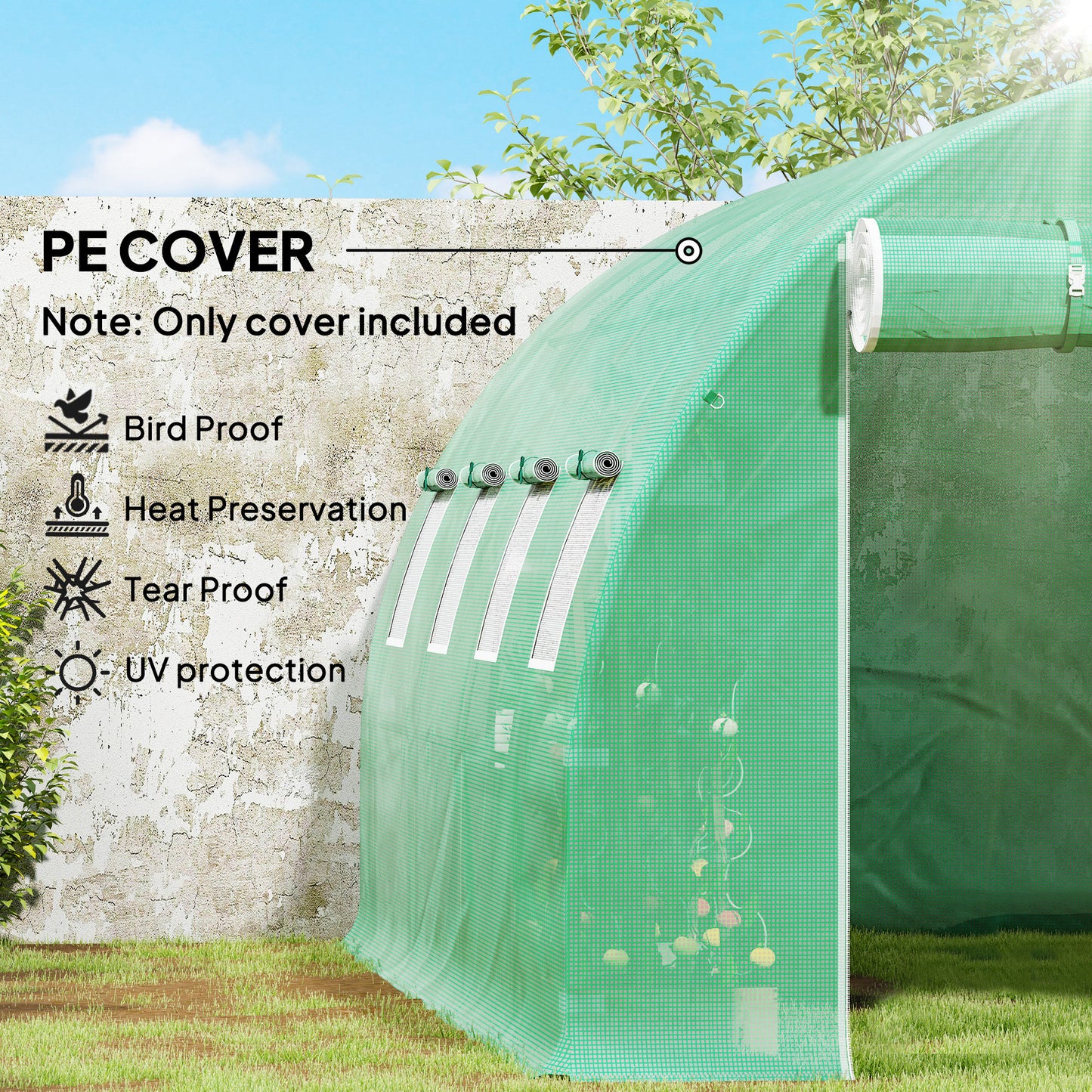 Outsunny 4 X 3 X 2m Polytunnel Greenhouse Replacement Cover Only PE Mesh With Roll Up Windows And Door