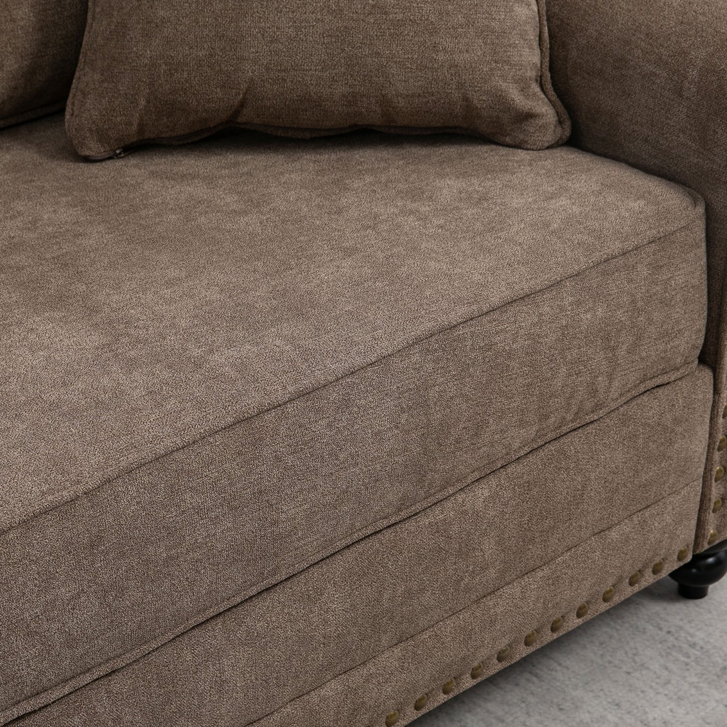 HOMCOM 196cm 3 Seater Fabric Sofa With Rubber Wood Legs Nailhead Trim Two Pillows Upholstered Couch Settee Brown