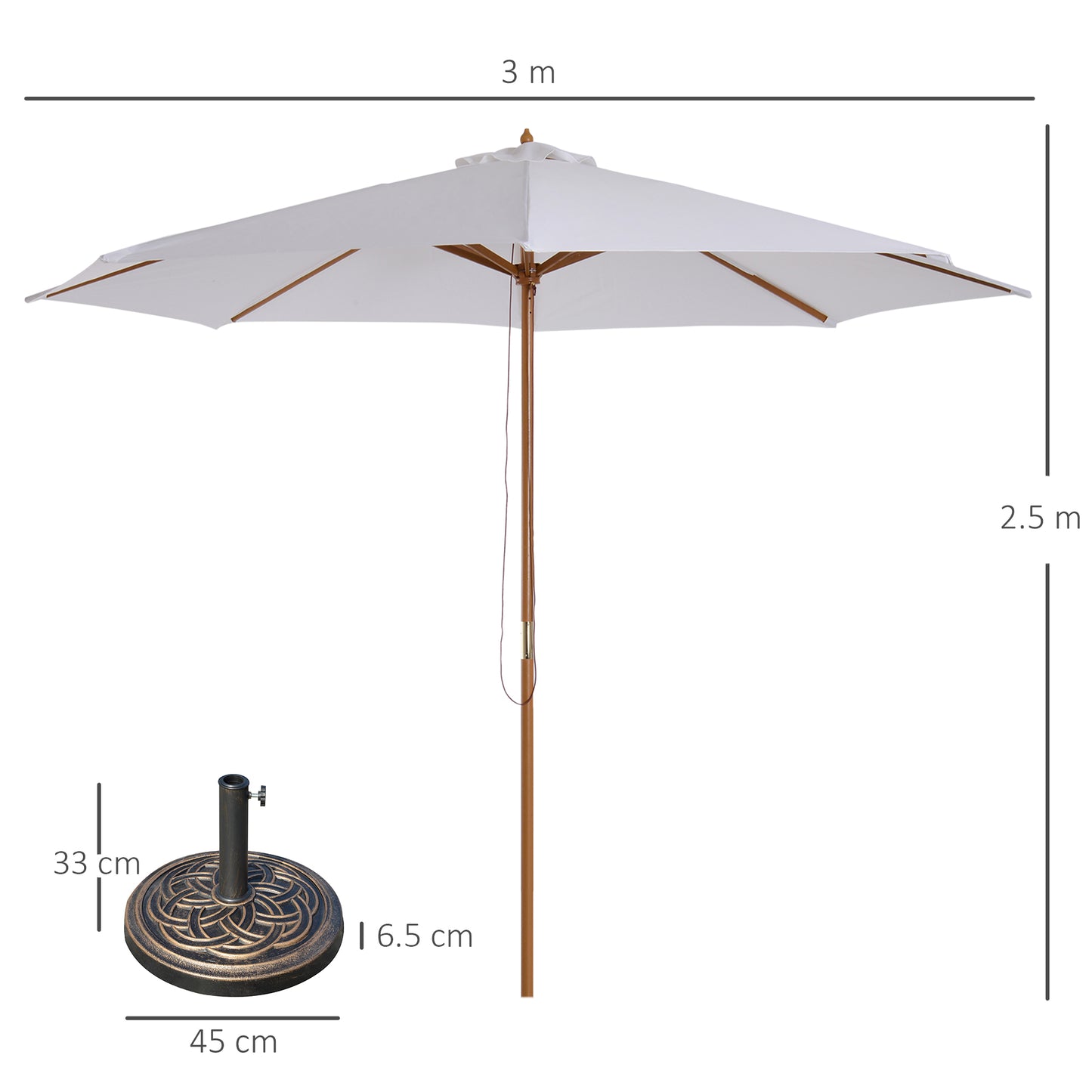 Outsunny 3 M Garden Parasol With Base Rope Pulley Mechanism 8 Rib Wooden Patio Umbrella White