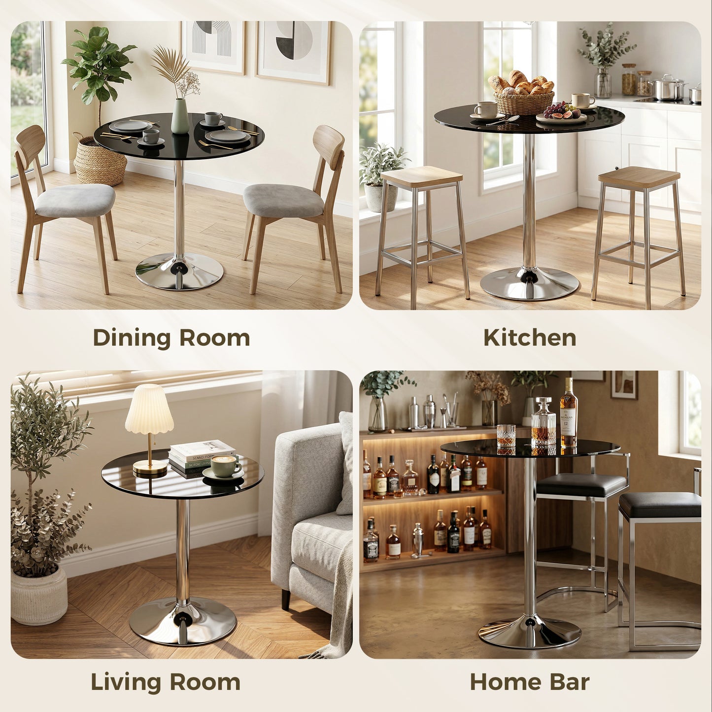 HOMCOM Round Bar Table With Tempered Glass Top And Steel Frame For Four People 70 x 70 x 75.5 cm Black
