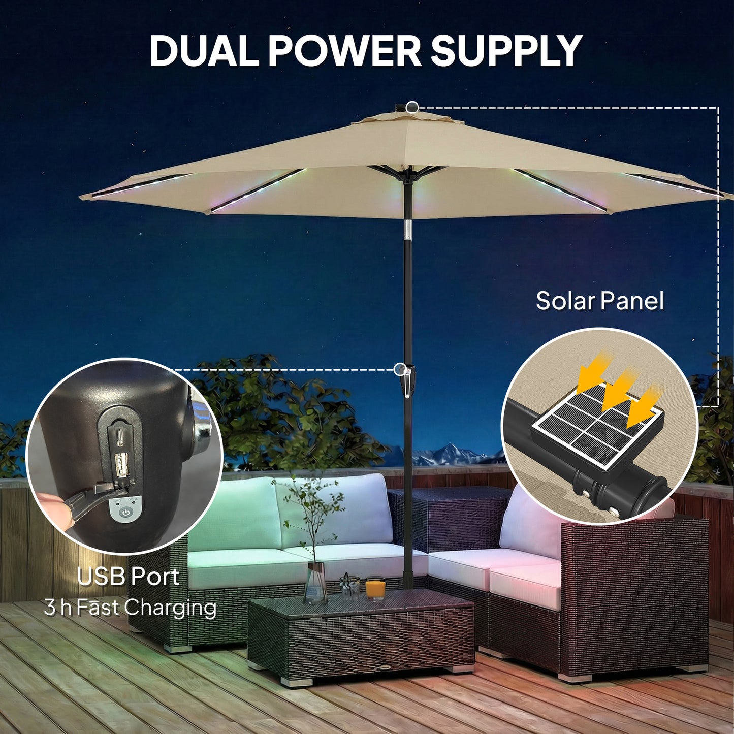 Outsunny 3 Meter Garden Parasol Umbrella With 112 Solar Powered LED Lights And USB Charging Crank Handle Beige