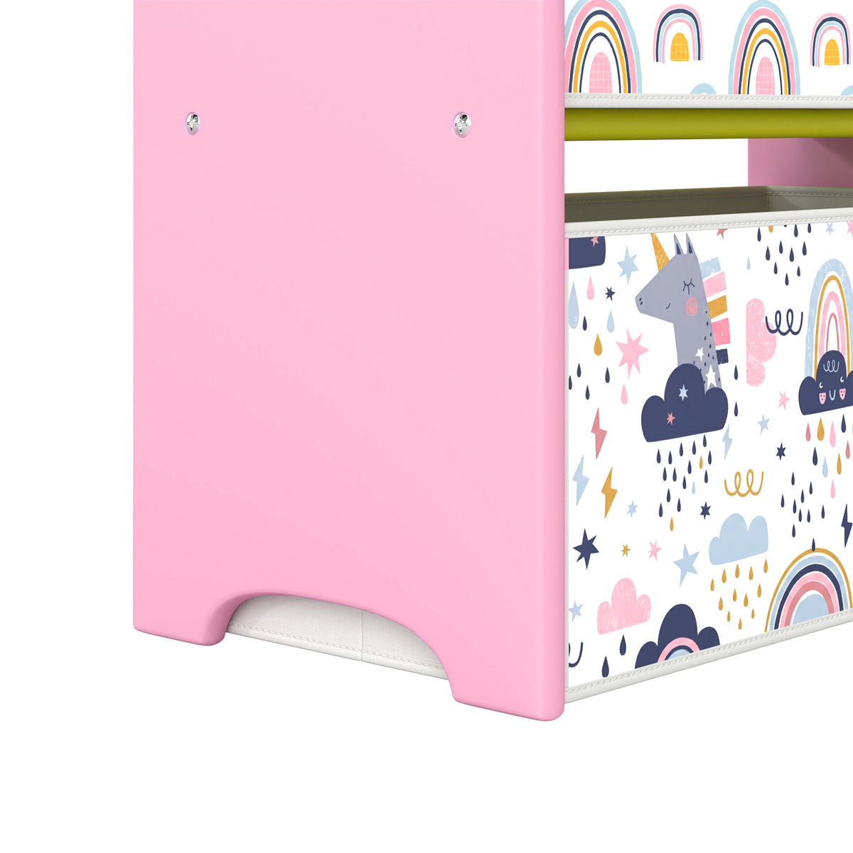 Pink 3-tier wooden toy rack with fabric bins, rainbow-print fronts, corner close-up