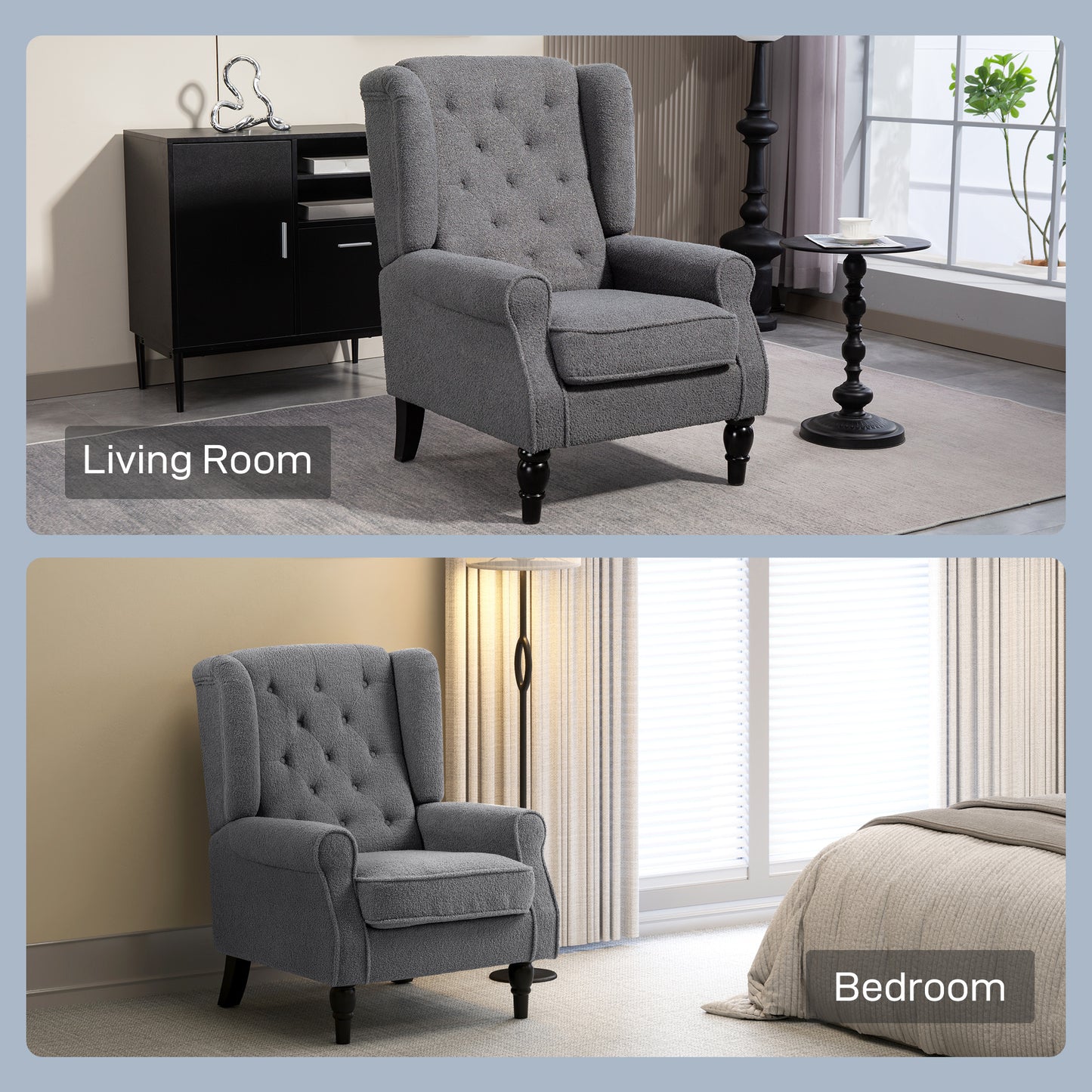 HOMCOM Teddy Fleece Retro Wingback Chair Grey With Tufted Backrest Supports Up To 160kg And Solid Wood Frame