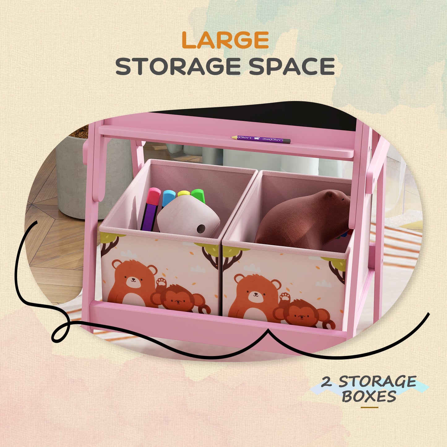 AIYAPLAY 2 In 1 Kids Easel With Whiteboard And Chalkboard Storage Boxes For Ages 3 To 8 Pink