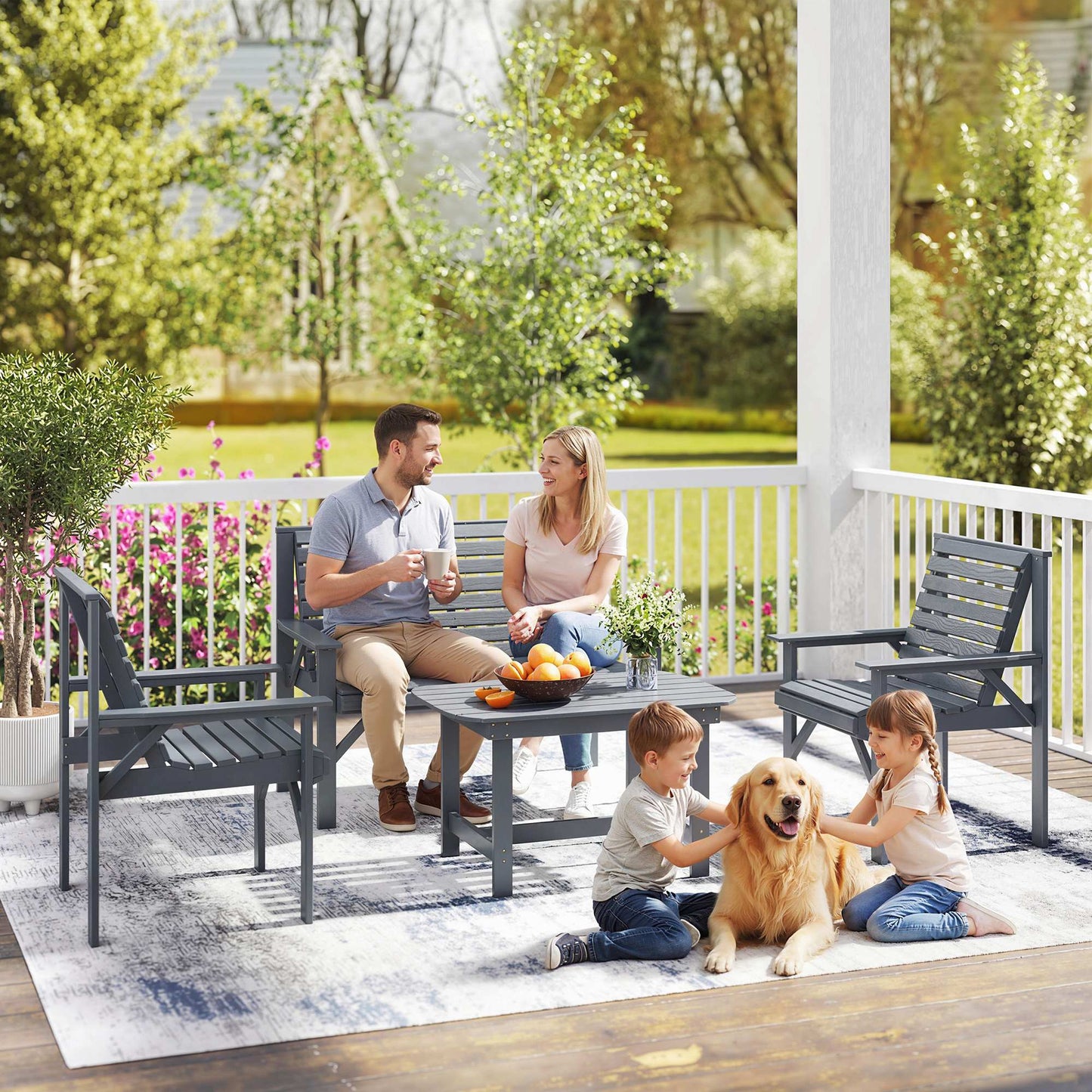 Outsunny 4 Piece Wooden Garden Furniture Set Outdoor Patio Sofa Set With 2 Armchairs Loveseat and Coffee Table Grey