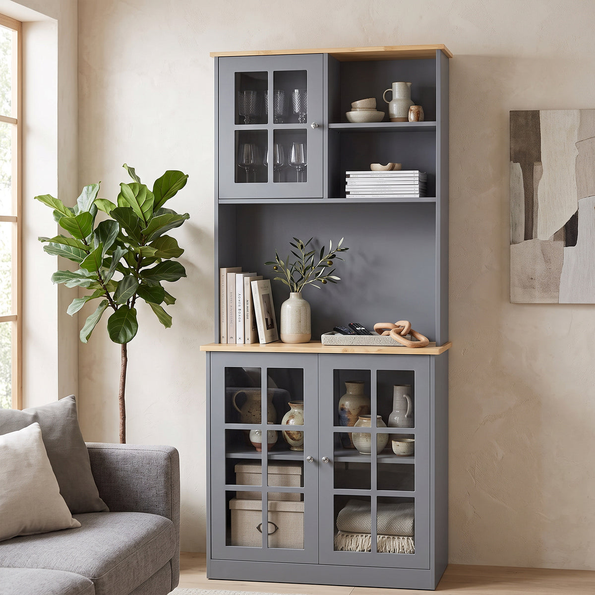 Homcom Kitchen Buffet Hutch With Three Cabinets And Open Shelves Grey