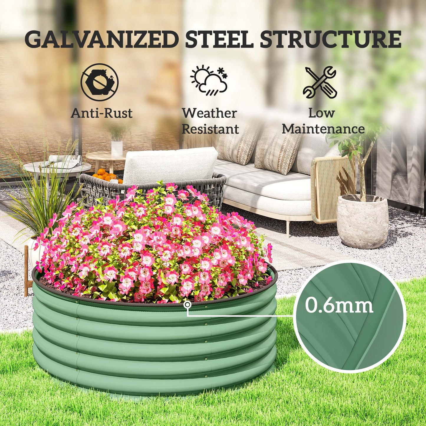 Outsunny Galvanised Raised Garden Bed Safety Edging Outdoor Planter Box 120 x 120 x 43cm Light Green Gloves Included