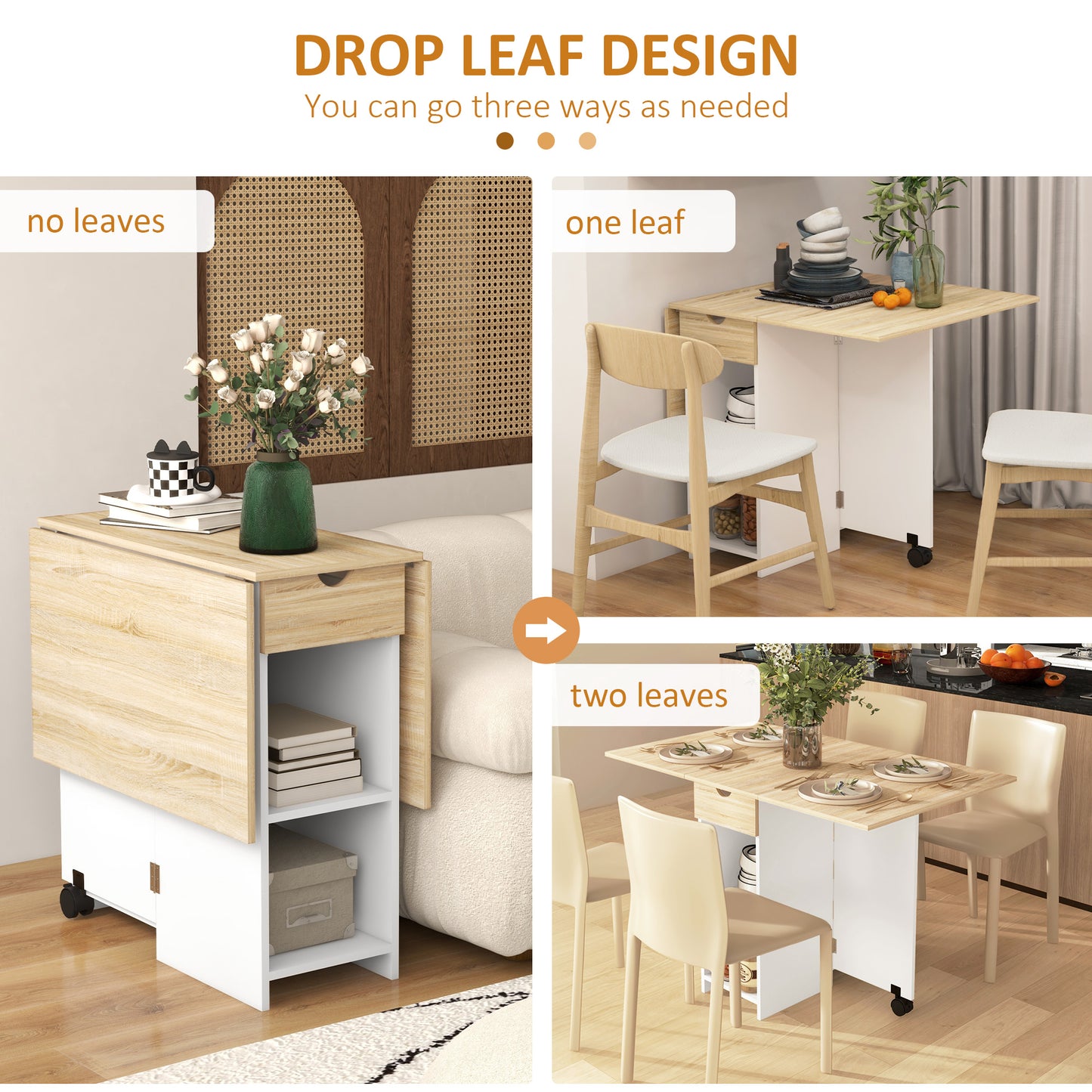 HOMCOM Folding Dining Table With Drop Leaf For Small Spaces Oak Finish Foldable Table With Drawer And Storage Shelves