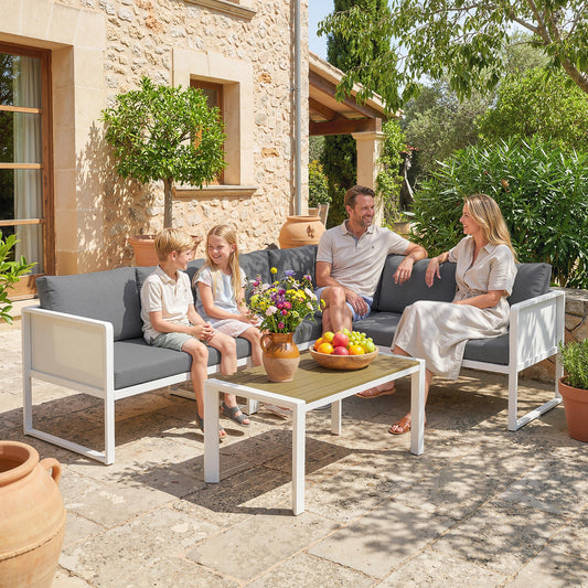Outsunny 6 Seater Metal Garden Furniture Corner Sofa Set With 3 Loveseats Faux Wood Table Texteline Seat Cushions White