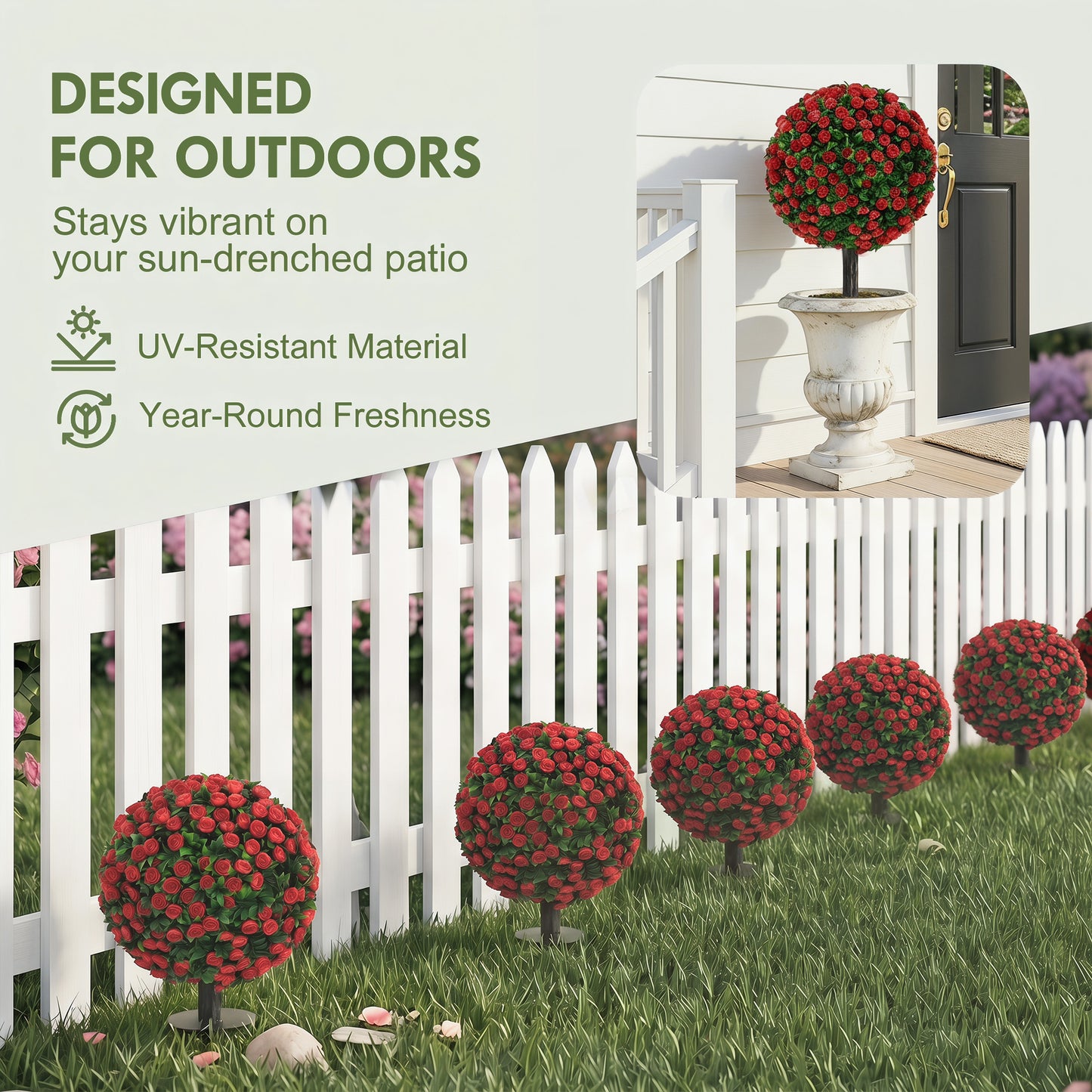 HOMCOM Artificial Rose Topiary UV Resistant Two Pack Faux Plants 55 Cm Red Outdoor Garden Decor
