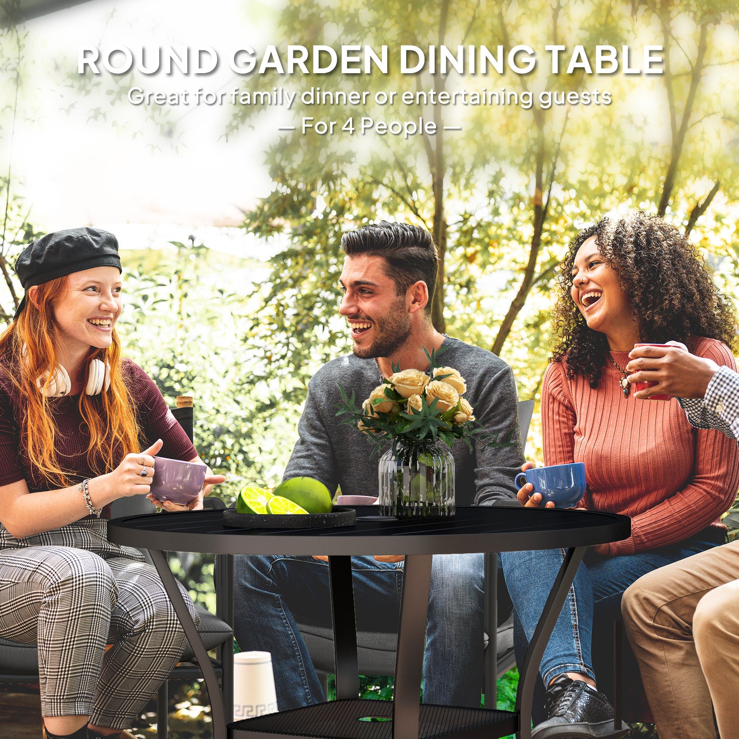 Outsunny 90 cm Round Garden Dining Table with Parasol Hole 40 to 50 mm Steel Slatted Top and Wire Shelf Black