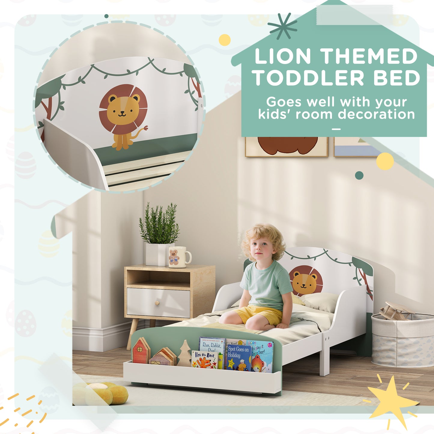 AIYAPLAY Toddler Bed With Storage And Guardrails Lion Design Fits 140 X 70cm Mattress Green Ages 3-8