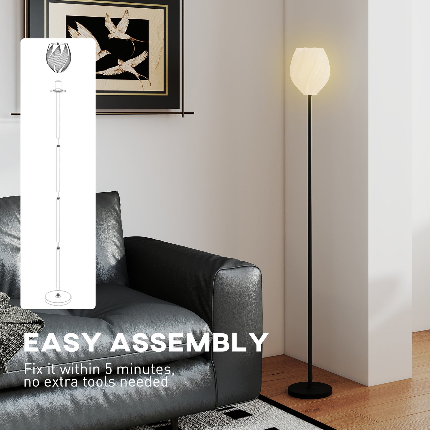 HOMCOM Flower Floor Lamp With 3D Printed Rose Lampshade Modern Standing Lamp Foot Switch E27 Holder 25W Max White