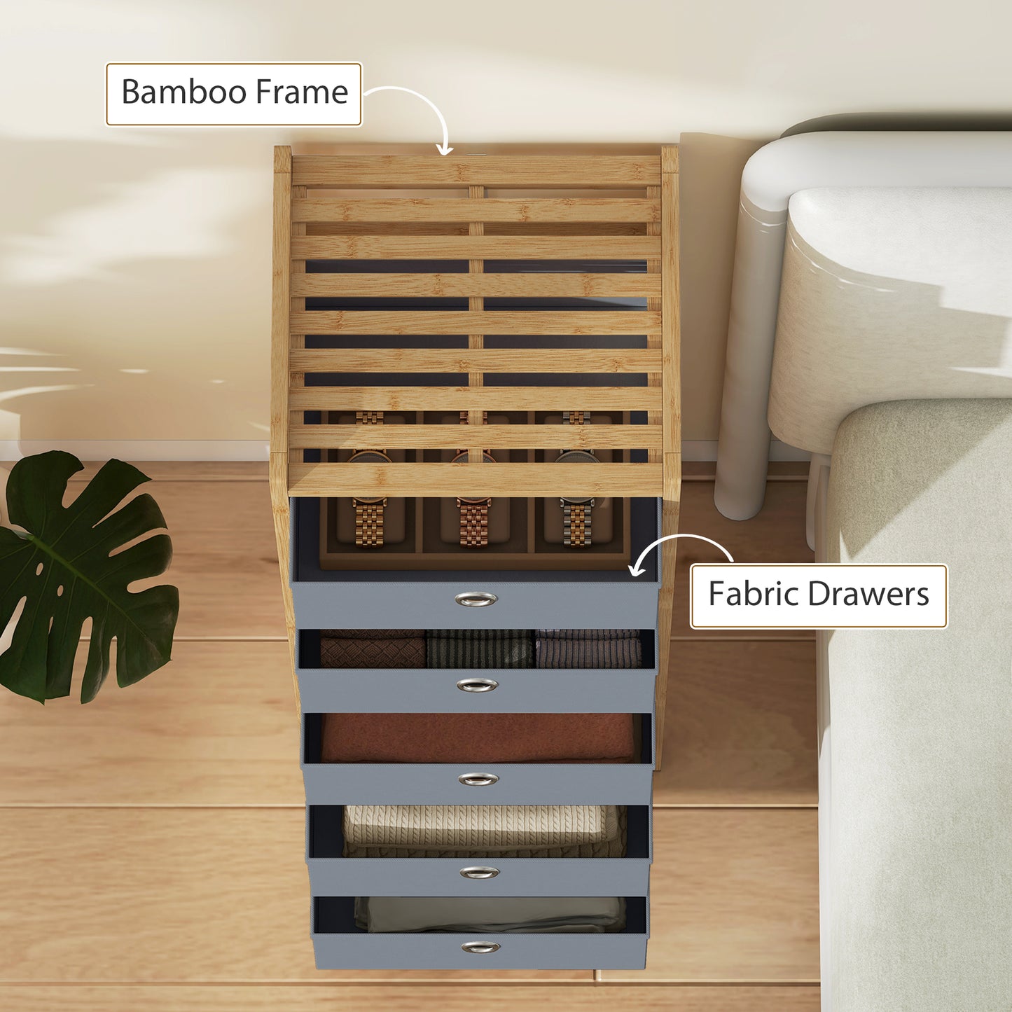 HOMCOM Narrow Chest Of Drawers Dresser With Five Fabric Drawers And Bamboo Frame In Light Grey