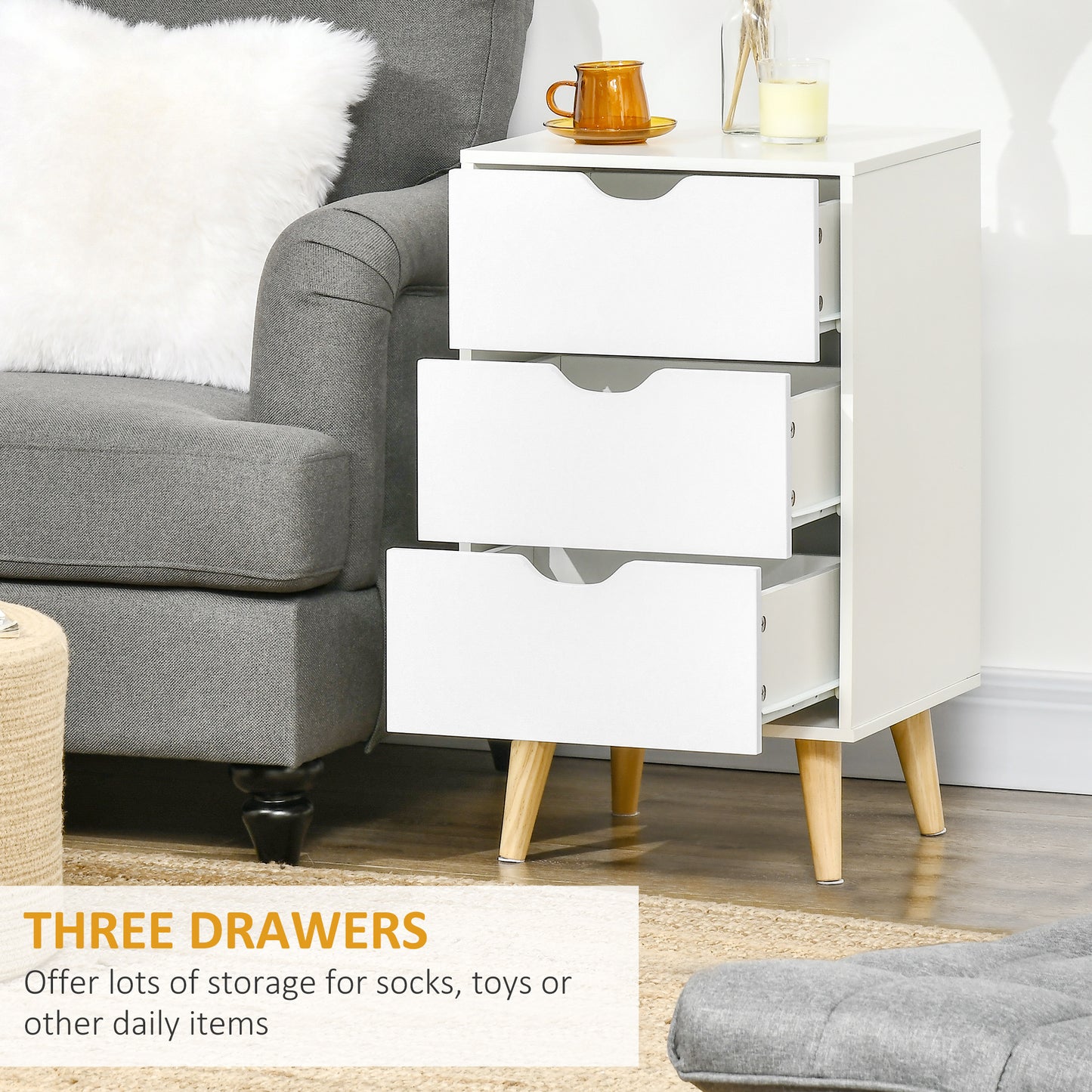 HOMCOM Set of 2 Bedside Tables Modern Nightstands With 3 Drawers and Solid Pine Wood Legs White