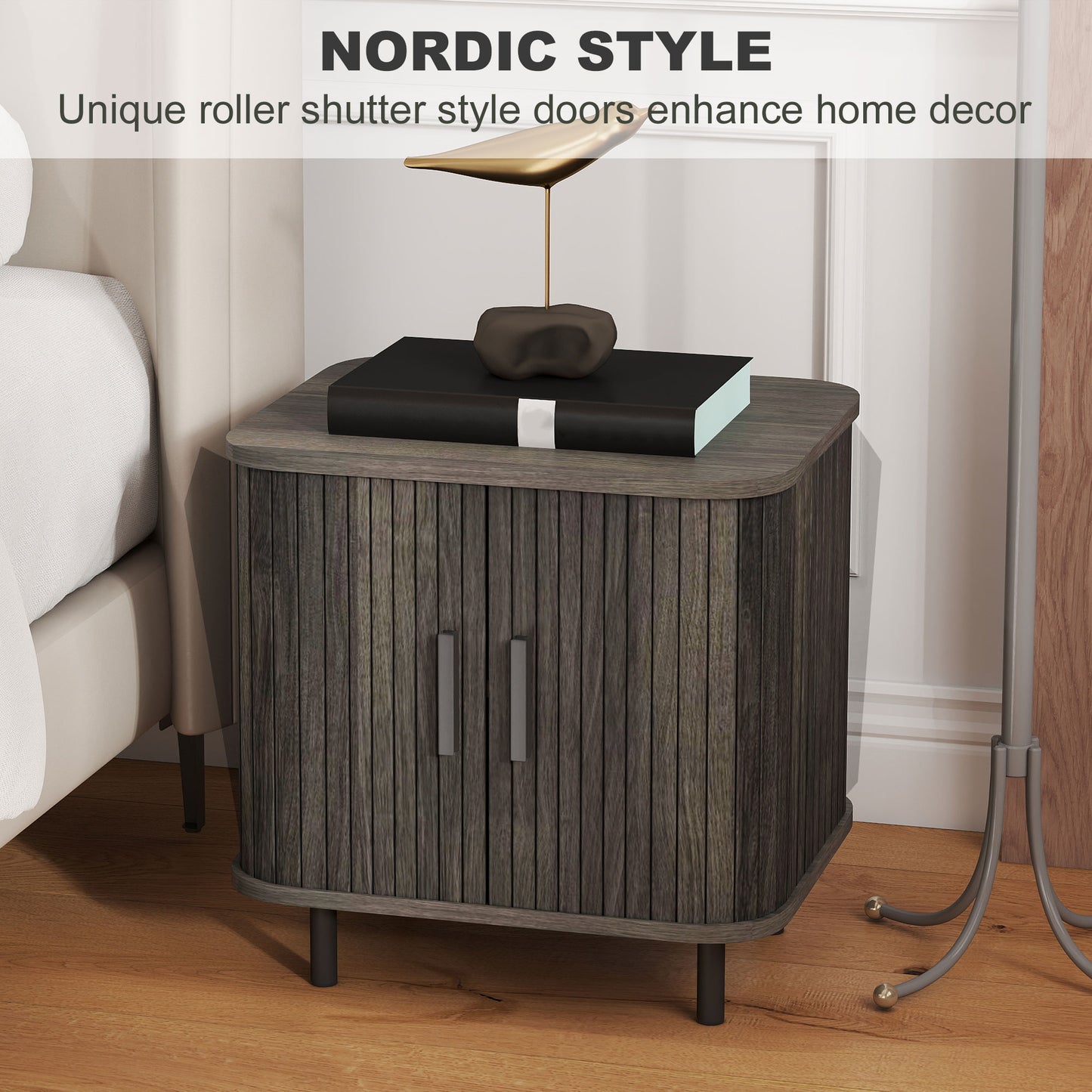 HOMCOM Nightstand With Sliding Doors And Metal Legs Grey Two Tier Bedside Table Nordic End Table