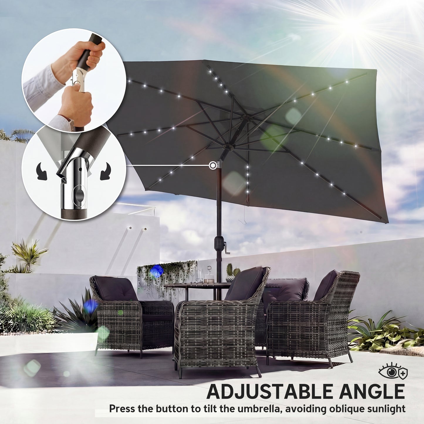 Outsunny 3 x 2 m Garden Parasol Umbrella With LED Solar Light Parasol Cover Outdoor Market Patio Umbrella Black
