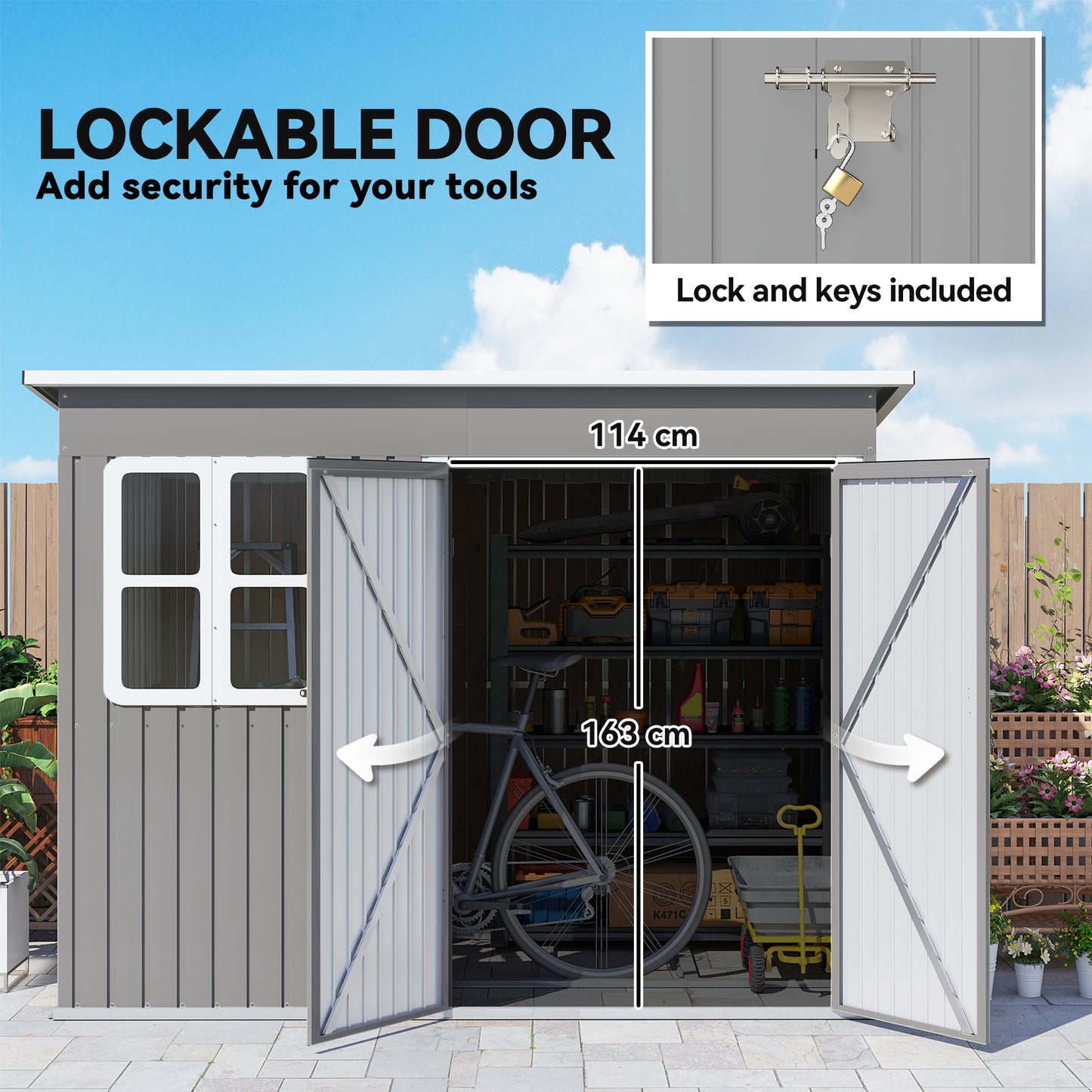 Outsunny 8.5 x 6ft Galvanised Steel Storage Shed With Foundation Kit Window Lockable Wide Doors Light Grey