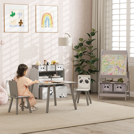 Zonekiz Kids Table And Chairs With Storage Unit And Easel Set, Cute Animal Design Activity Furniture For Ages 3-8 Grey