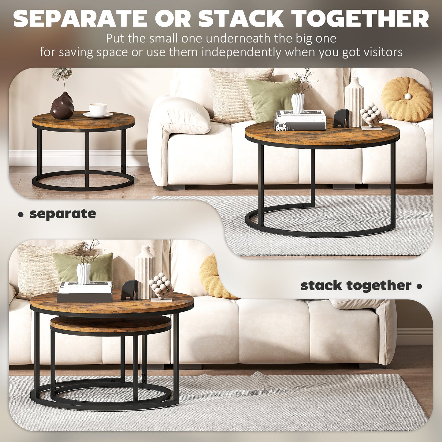 HOMCOM Set of Two Wood Effect Stacking Tables Rustic Brown Small and Large Overlapping Side Tables for Space Saving