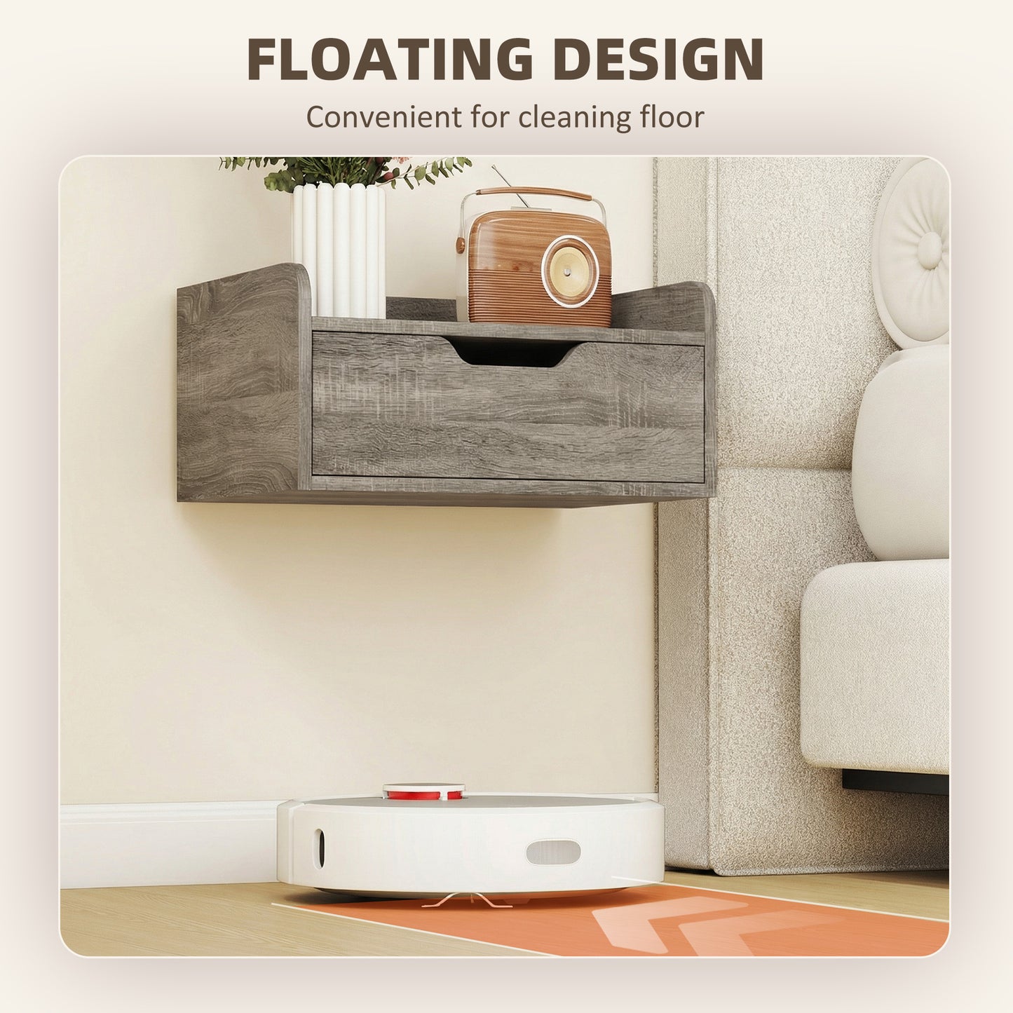 HOMCOM Floating Nightstands Set of 2 Wall Mounted Bedside Tables With Drawer Grey Wood Effect