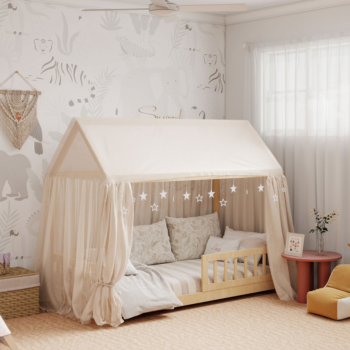 HOMCOM House Shaped Kids Bed Frame With Guard Rails Made From Solid Pine Wood Natural Finish Single Bed