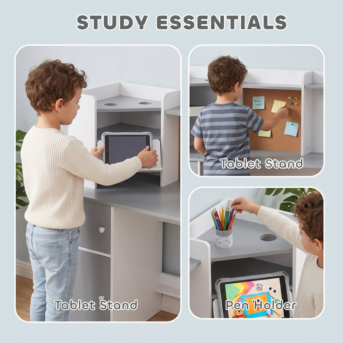 AIYAPLAY Grey Kids Desk and Chair Set With Storage and Adjustable Tablet Stand