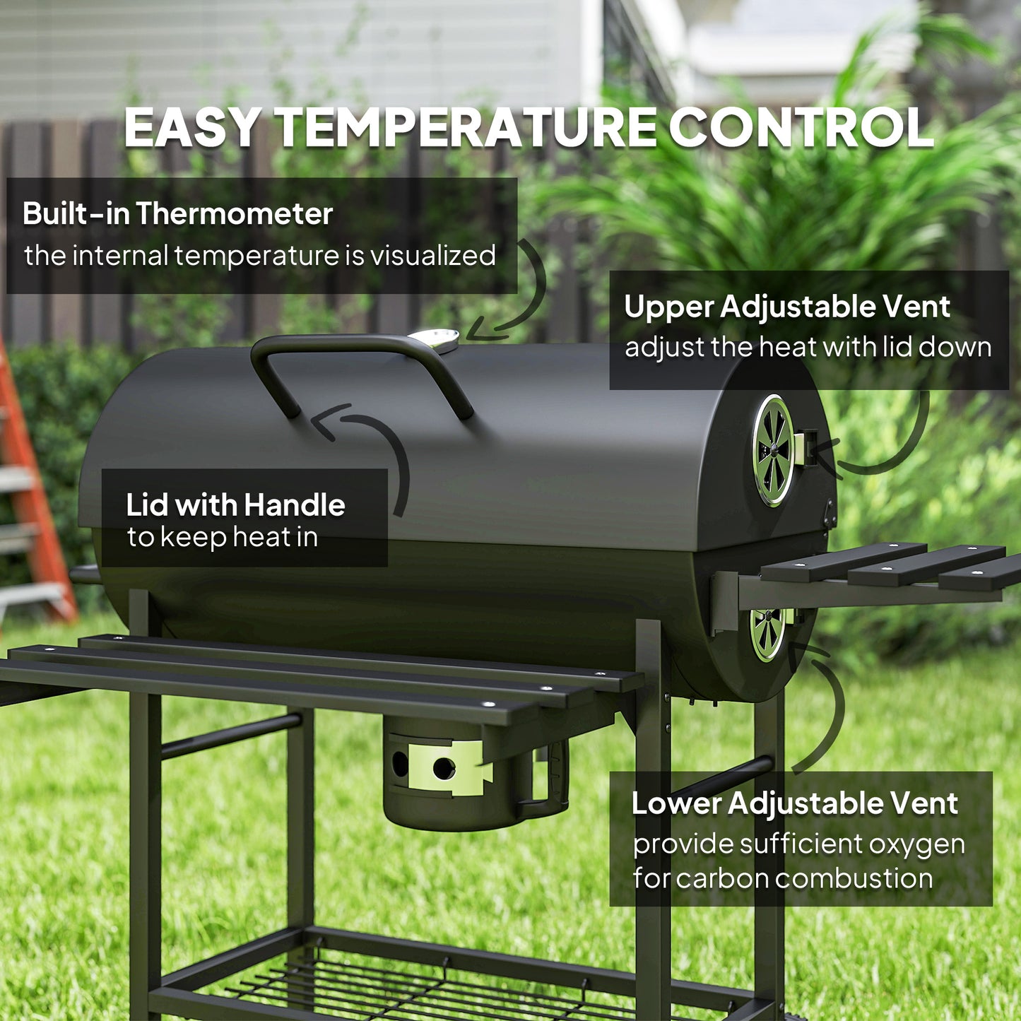 Outsunny Charcoal BBQ Grill With Foldable Front Shelf And Wheels Smoker With Warming Rack Temp Gauge And Lid Black