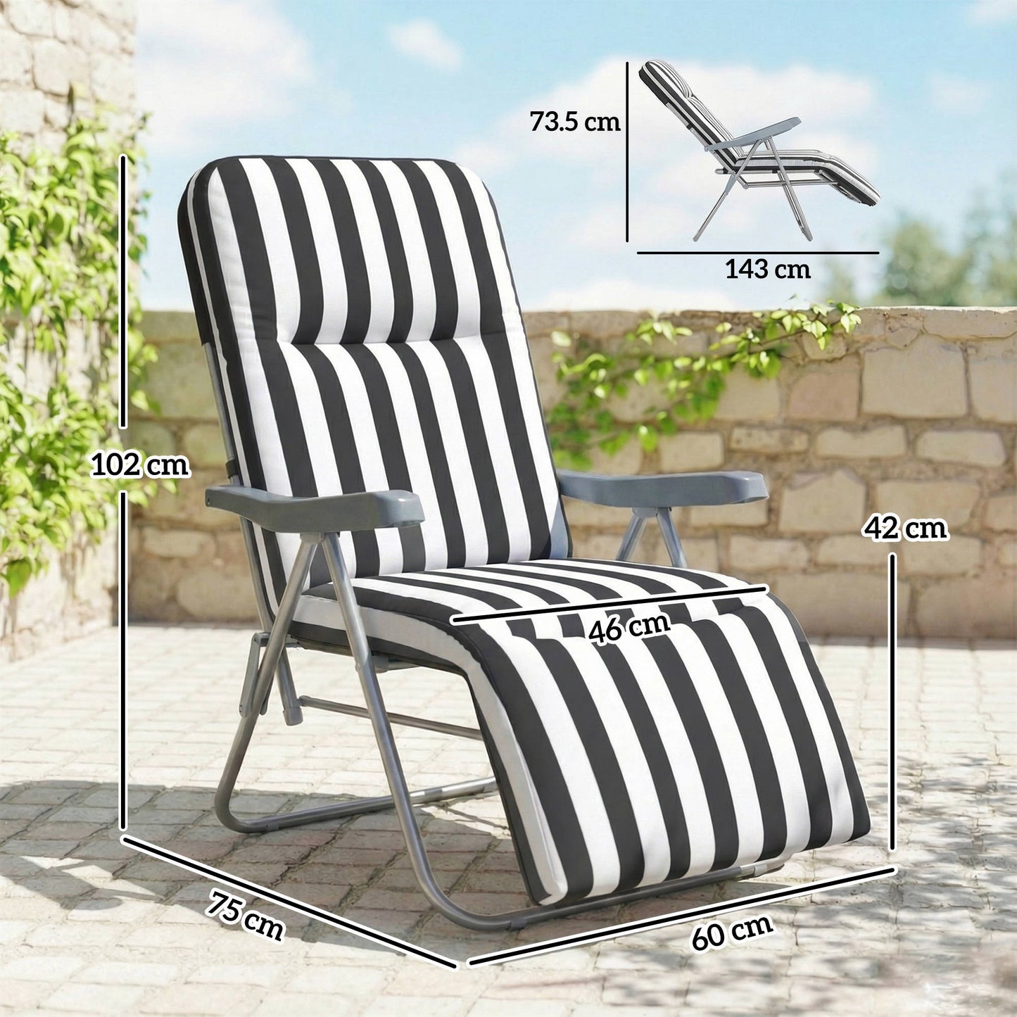 Outsunny Set of 2 Foldable Patio Sun Loungers with Adjustable Backrest and Cushions Grey and White