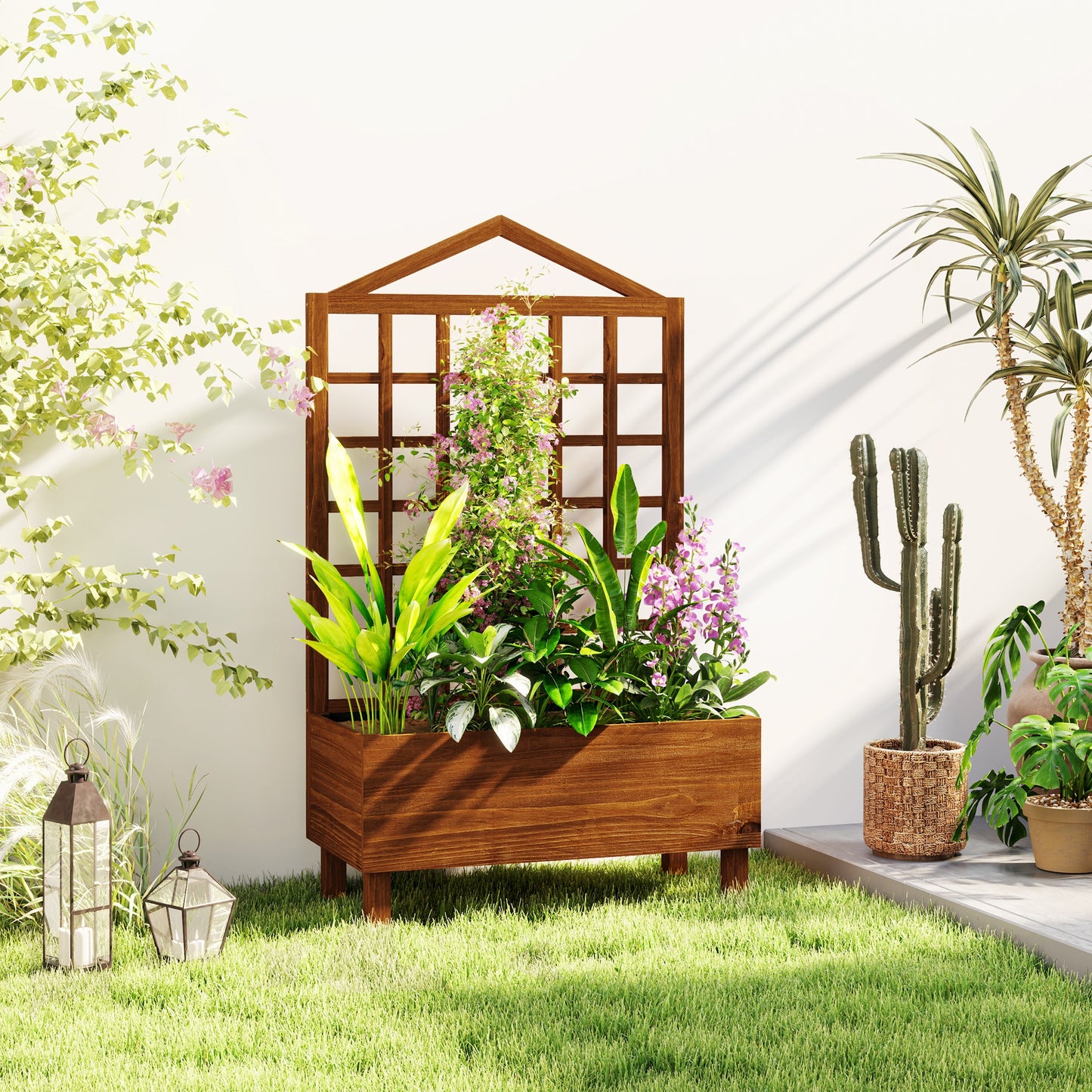 Outsunny Garden Planter With Trellis For Vines Distressed Wooden Raised Bed 90x43x150cm Brown Outdoor
