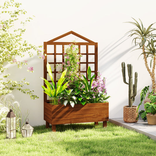 Outsunny Garden Planter With Trellis For Vines Distressed Wooden Raised Bed 90x43x150cm Brown Outdoor