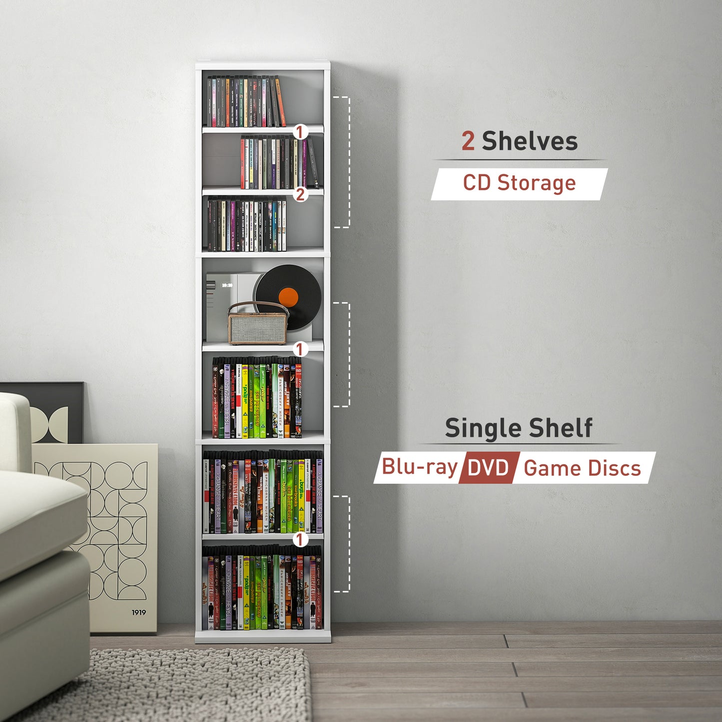 HOMCOM 260 CD Storage Unit Narrow White With Six Adjustable Shelves Ideal for CDs DVDs and Media Organization