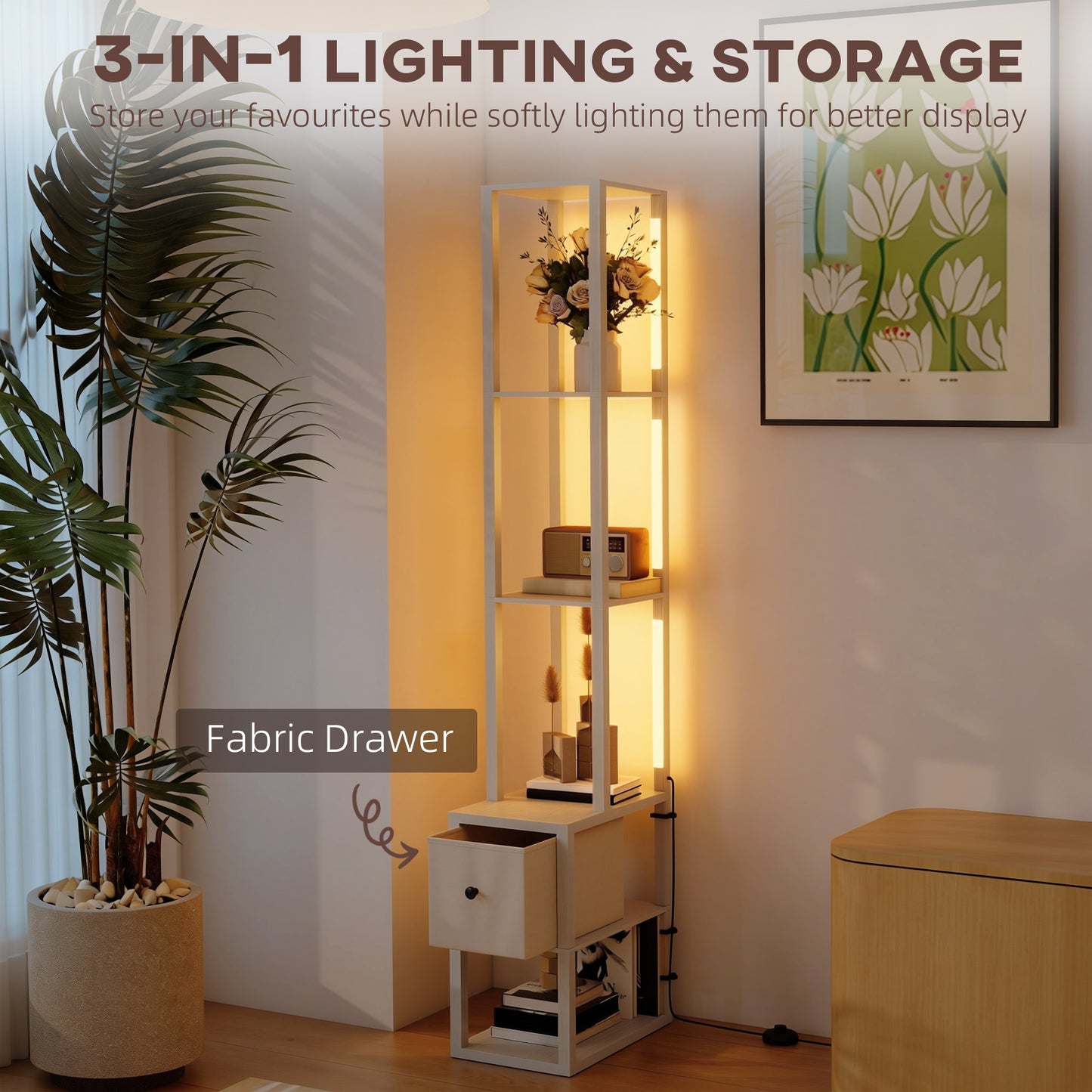 HOMCOM Floor Lamp With Shelves LED Column Modern Standing Lamp Fabric Drawer Adjustable Brightness Foot Switch Oak