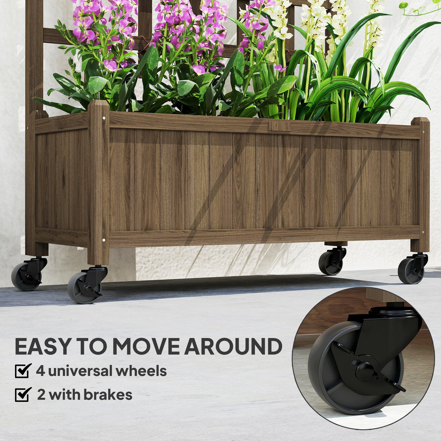 Outsunny Wooden Trellis Planter With Wheels Raised Garden Bed For Vegetables, Herbs And Flowers Brown