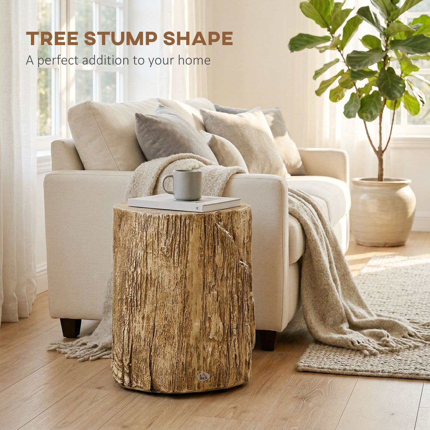 HOMCOM Tree Stump End Table Round Concrete Side Table for Indoor and Outdoor Use Natural Wood Effect