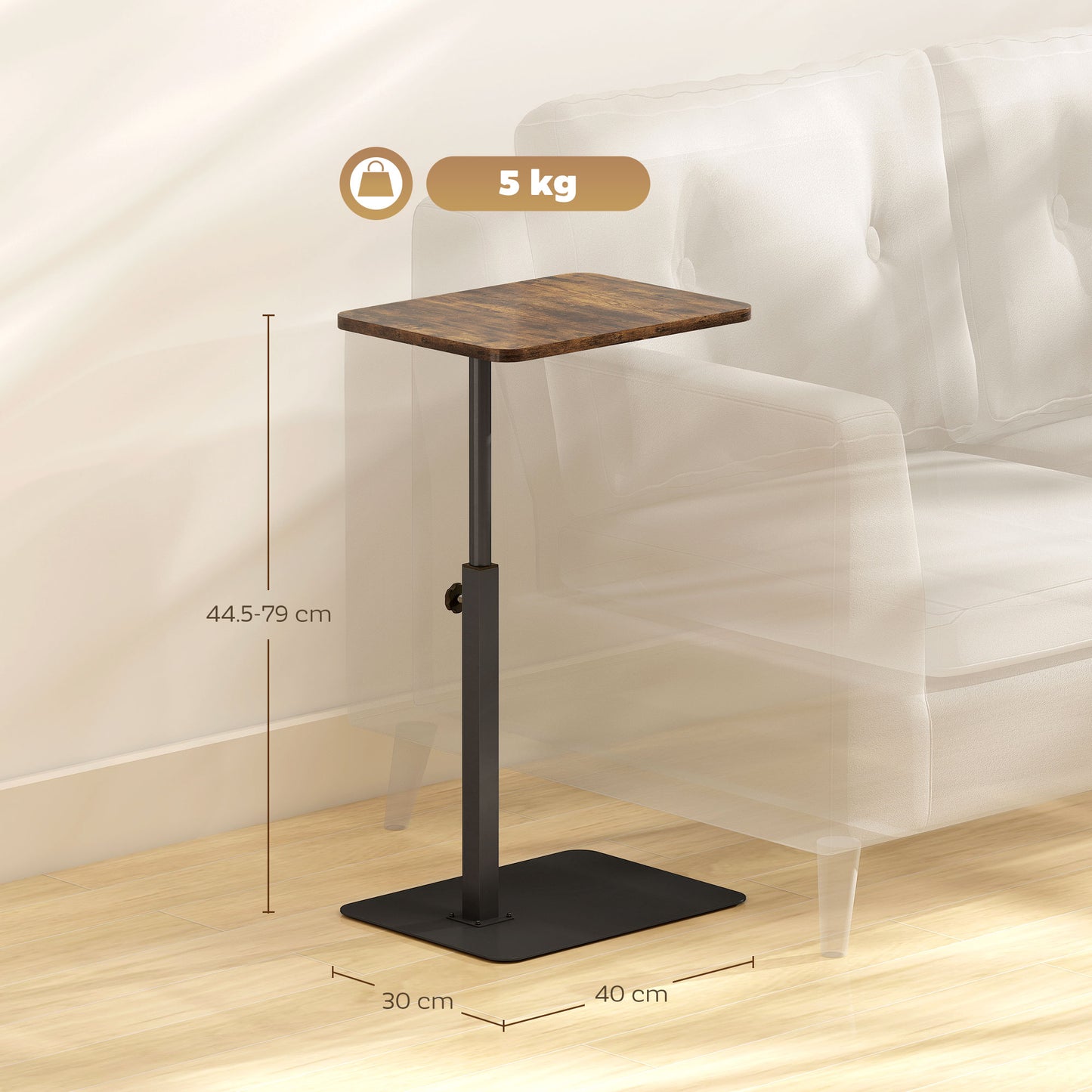HOMCOM C Shaped End Table With Adjustable Height And Metal Base For Living Room Bedroom Rustic Brown