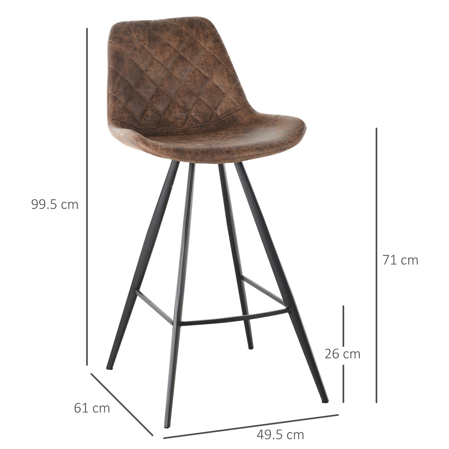 HOMCOM Set Of 2 Bar Stools Vintage Microfiber Tub Seats Padded Comfort Steel Frame With Footrest Quilted Brown