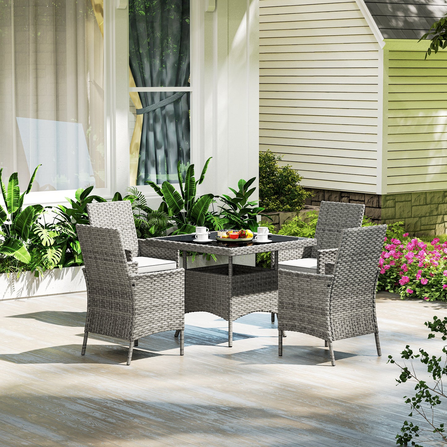 Outsunny Rattan Garden Furniture Set 4 Seater Outdoor Dining Table And Chairs With Cushions Grey Square Glass Top