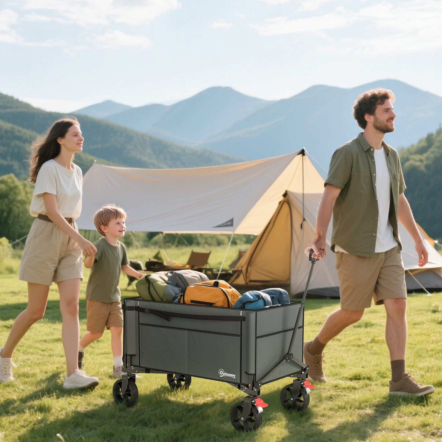 Outsunny 150L Folding Camping Trolley Cart Openable Sides Adjustable Handle Brakes for Shopping, Beach, Garden, Fishing