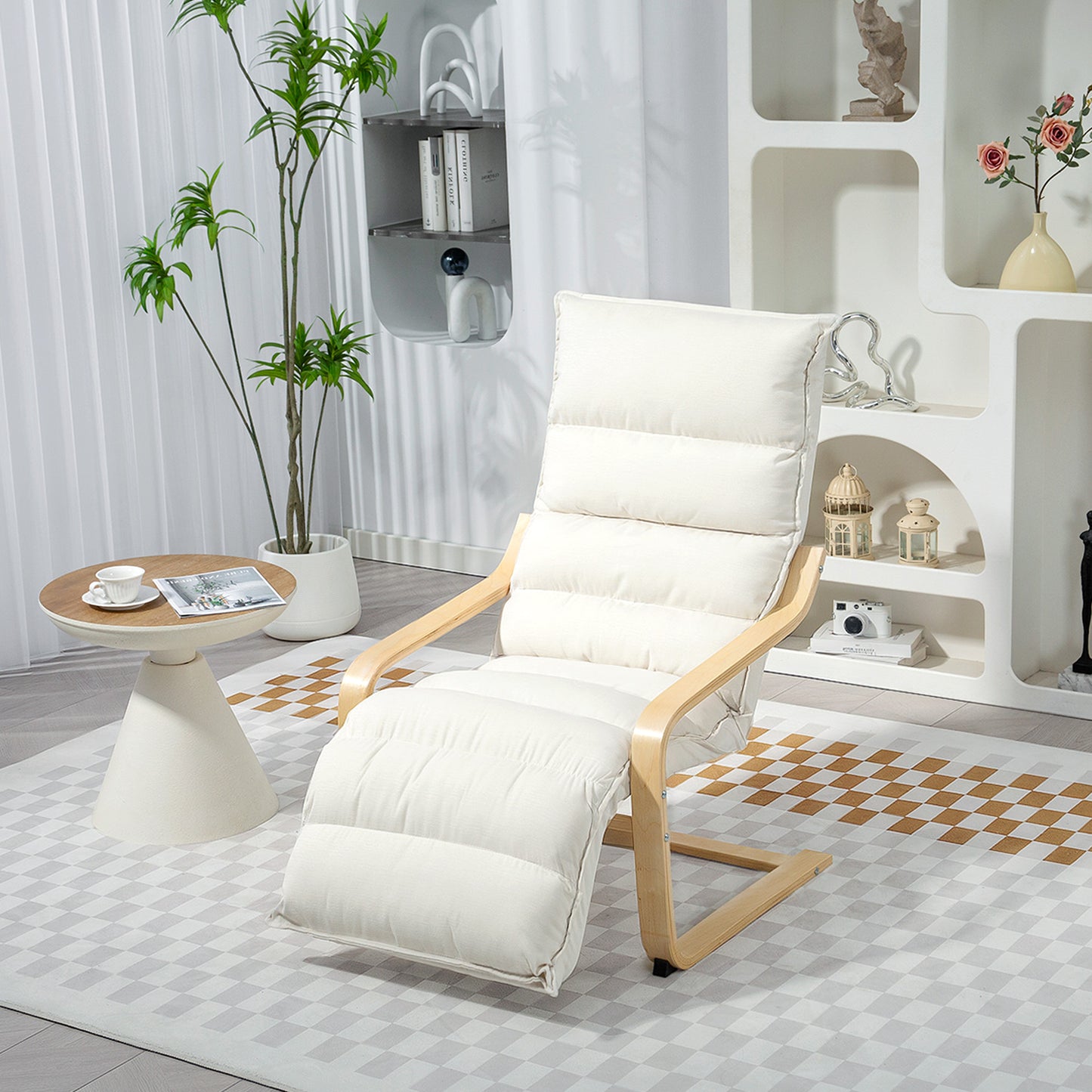 HOMCOM Curved Wooden Accent Chair with Adjustable Footrest Cream White Velvet Seat Birch Wood Frame Rocking