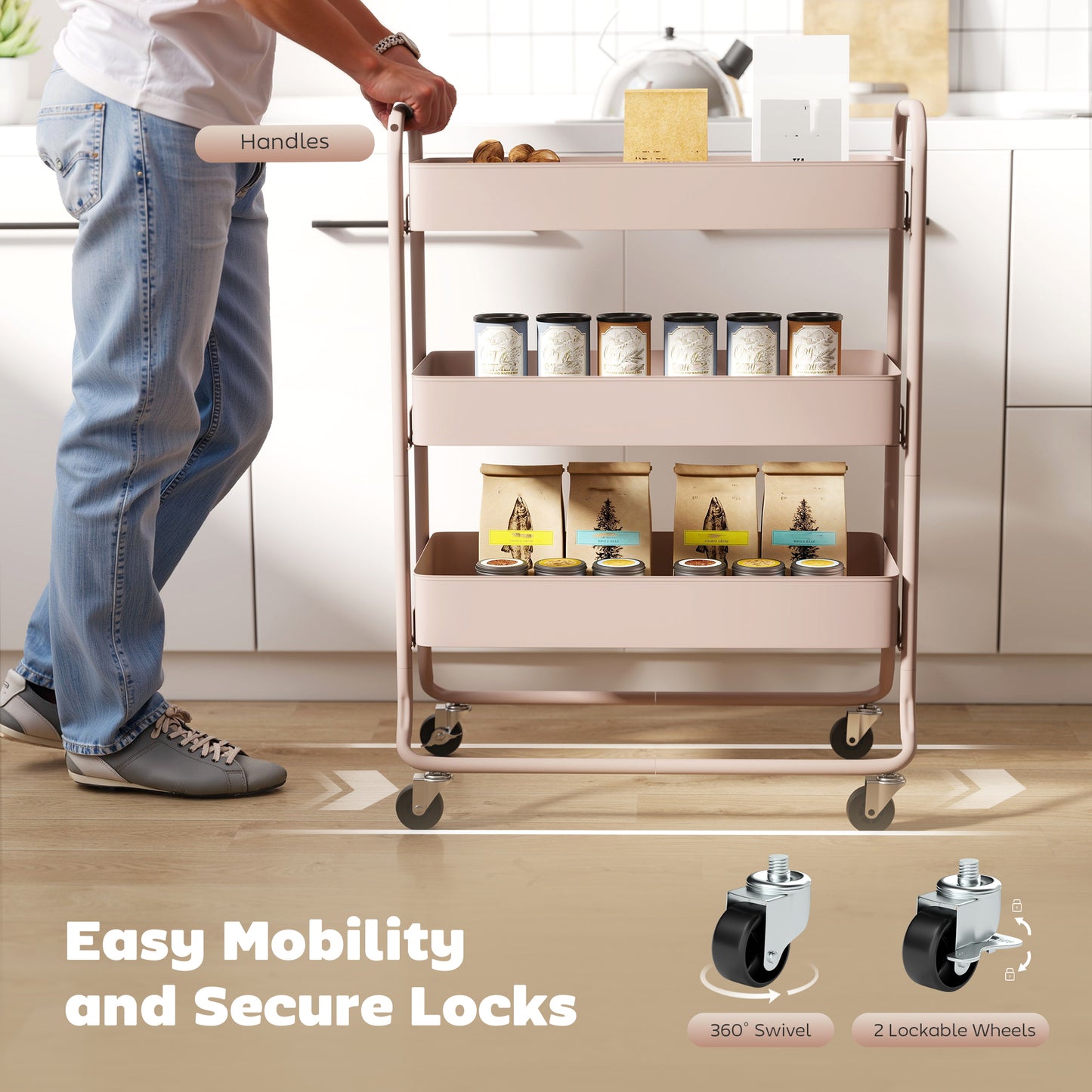HOMCOM Three Tier Storage Trolley On Wheels With Mesh Baskets In Light Pink For Kitchen Bathroom And Bedroom