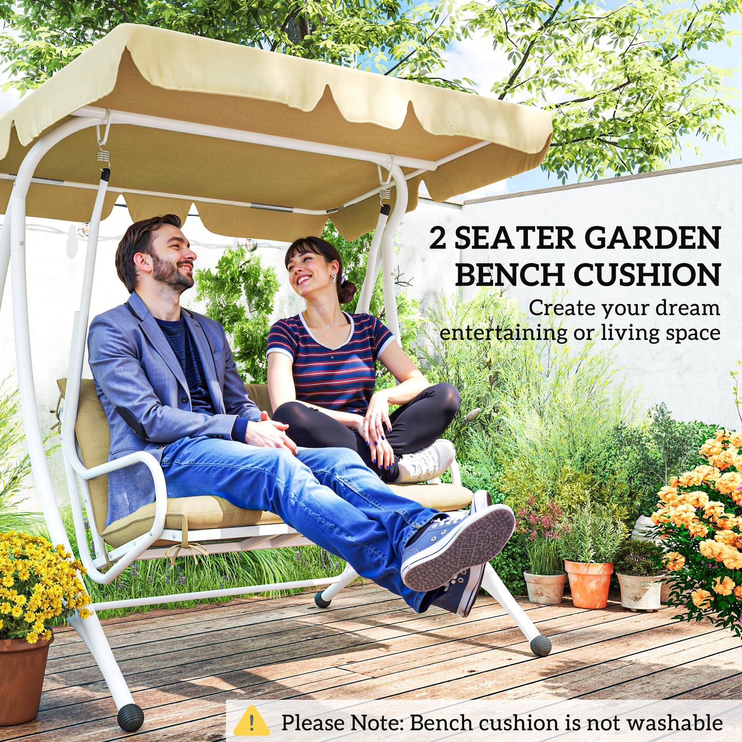 Outsunny Two Seater Bench Cushion Khaki Replacement Outdoor Furniture Cushion For Metal Or Wood Benches