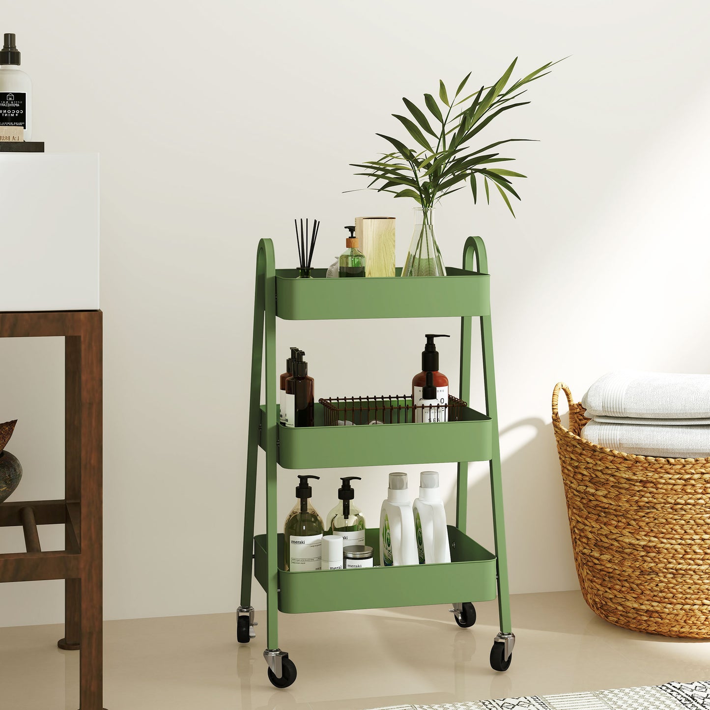 HOMCOM Three Tier Storage Trolley On Wheels With Mesh Trays Four Wheels And Brakes Green