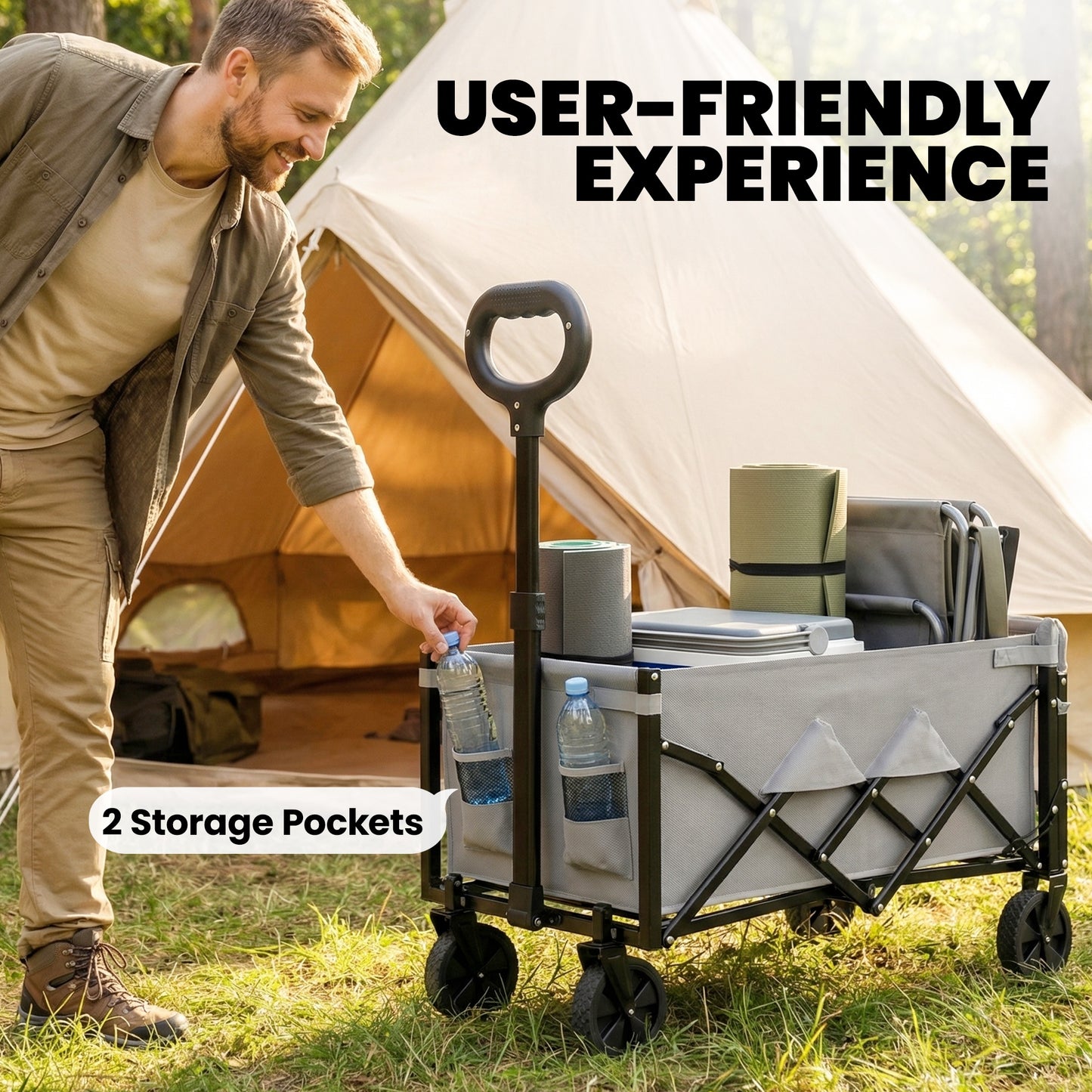 Outsunny 80L Foldable Festival Trolley On Wheels Collapsible Wagon Cart With Drop Down Tailgate Adjustable Handle Grey