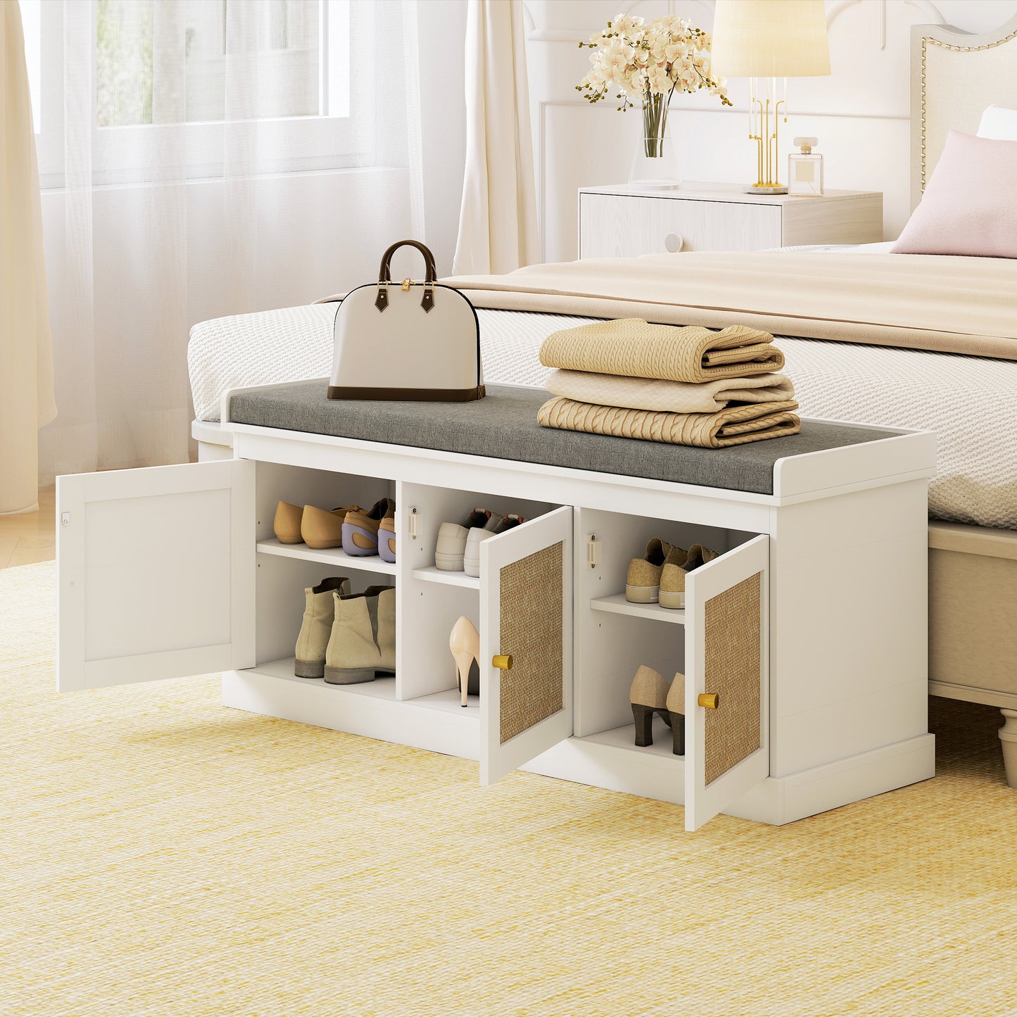 HOMCOM Shoe Storage Bench With Woven Rattan Doors And Soft Removable Cushion White