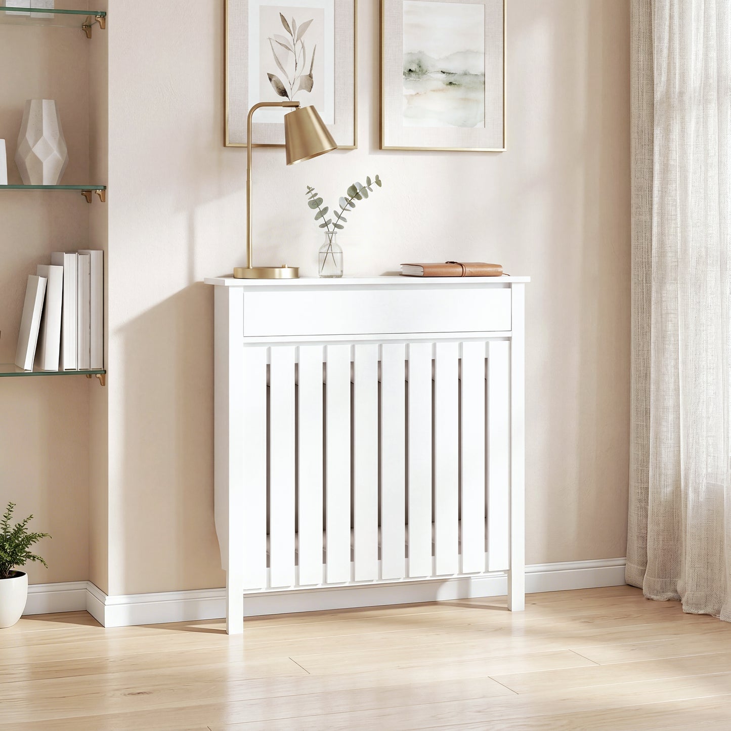 HOMCOM 93 x 88.5cm Rustic White Radiator Cover MDF Slatted Slim Design for Safe Heating