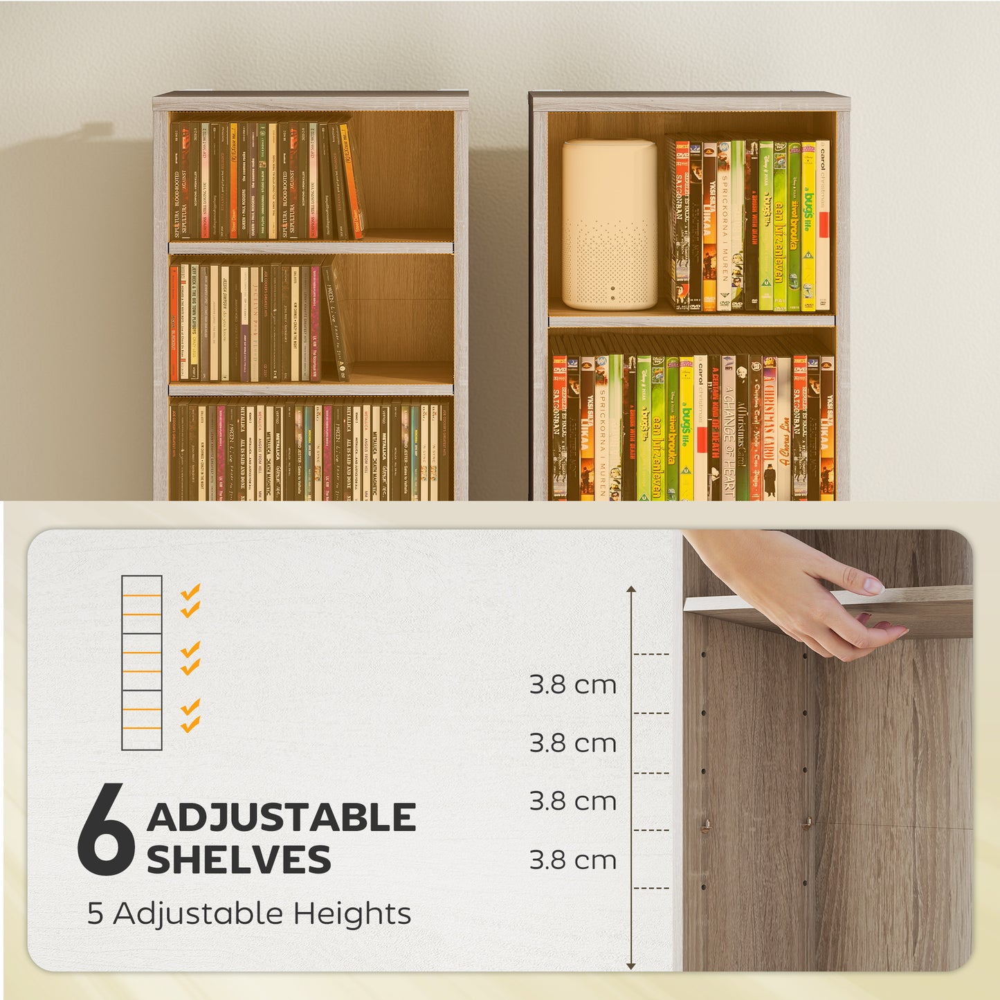 HOMCOM 260 CD Storage Unit Narrow With Six Adjustable Shelves Natural Wood Finish For Home Media Organization